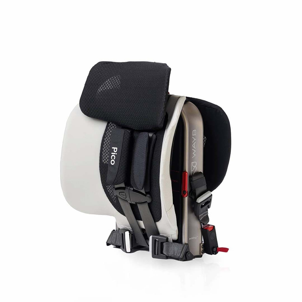 Child safety seat with black and white design on a white background