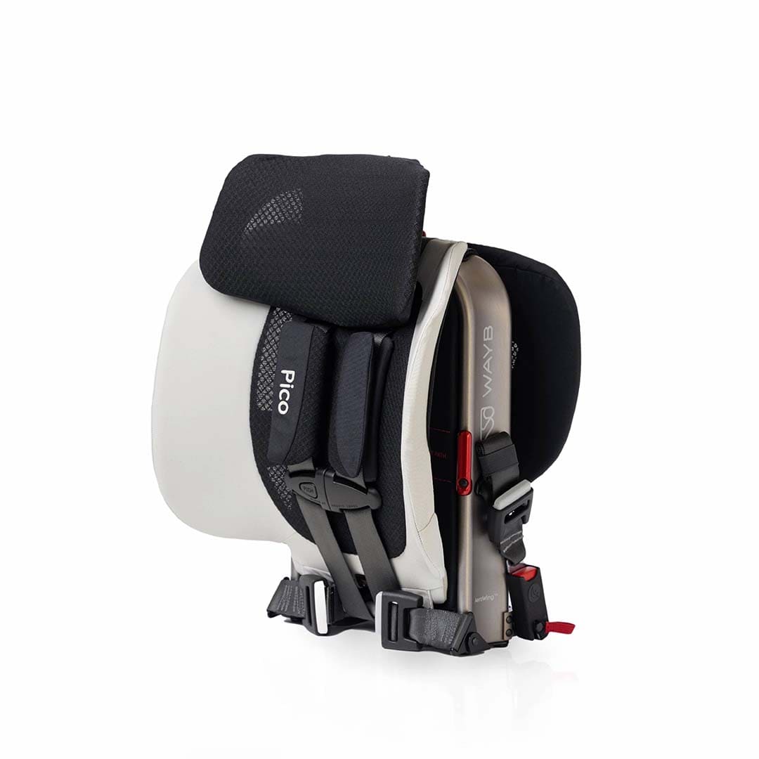 Child safety seat with black and white design on a white background