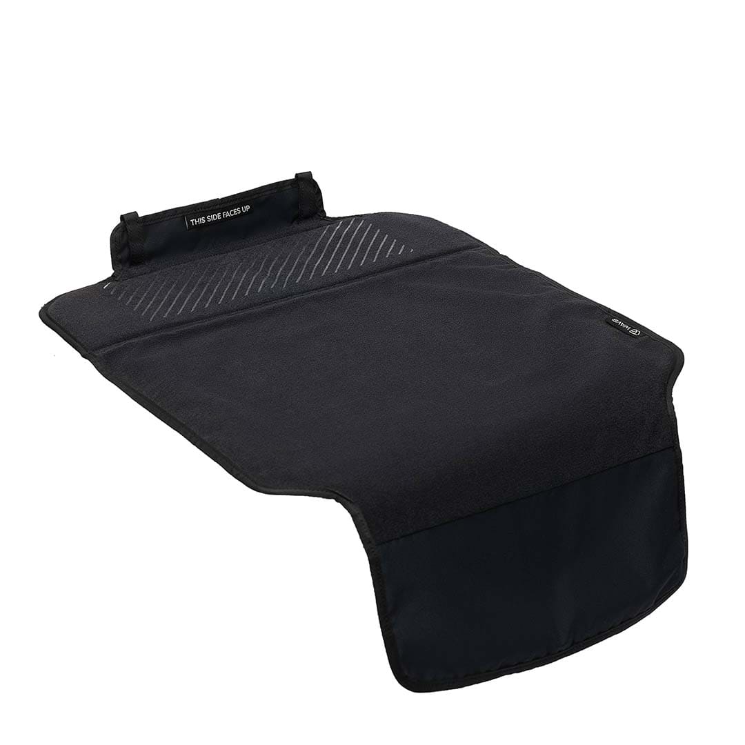 Black car mat with text on a white background