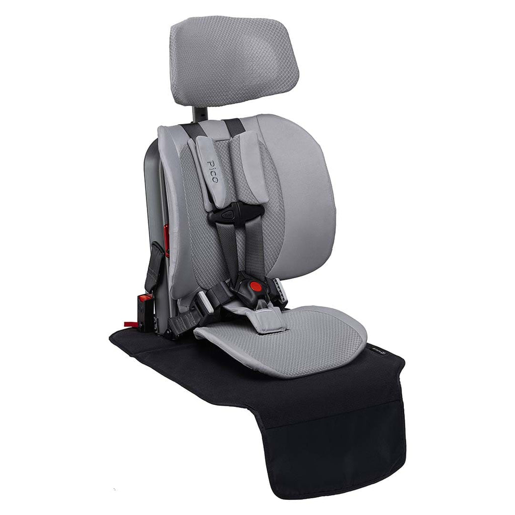 Gray car seat with headrest and black tray on a white background