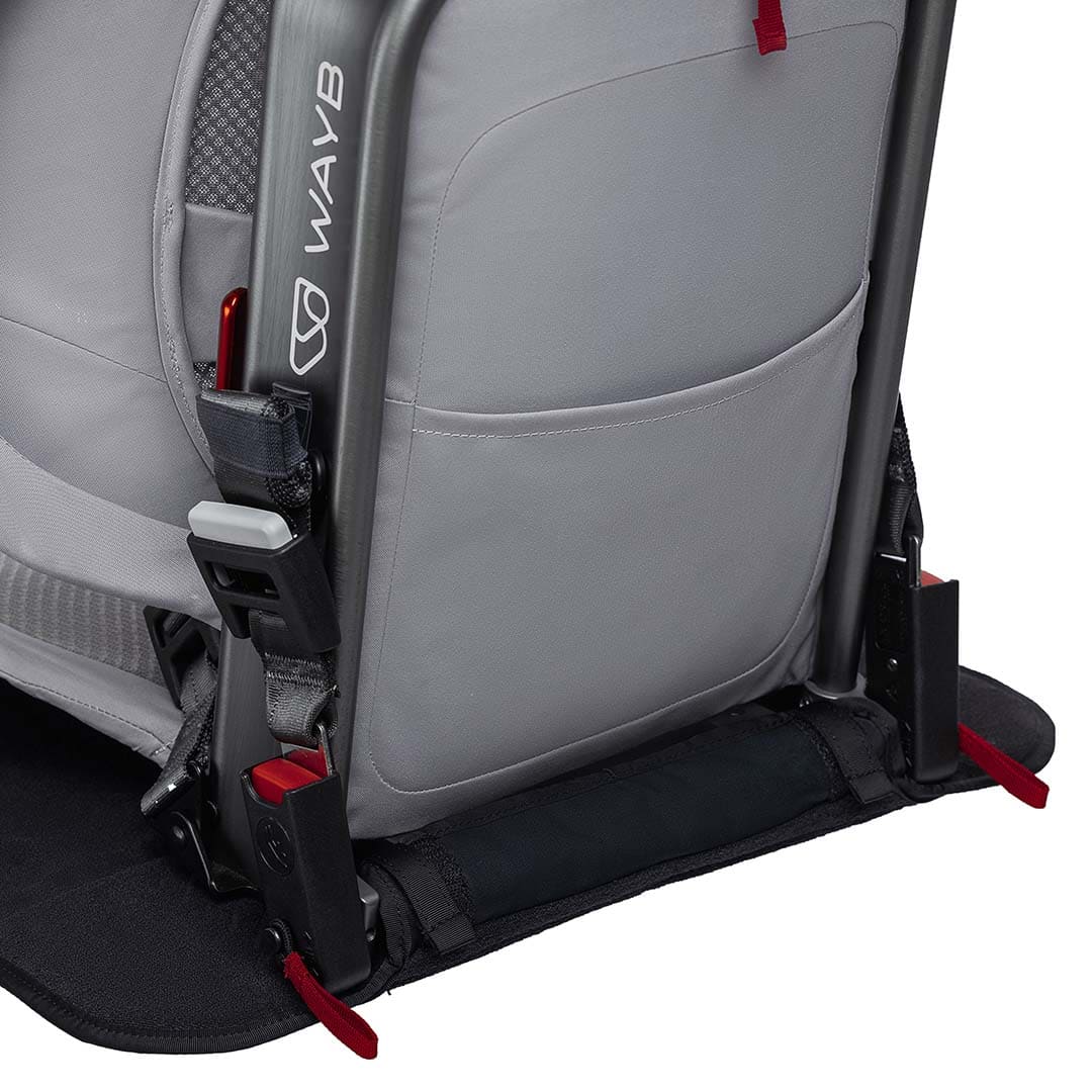 Gray backpack with red straps and 'WAYB' branding on a white background