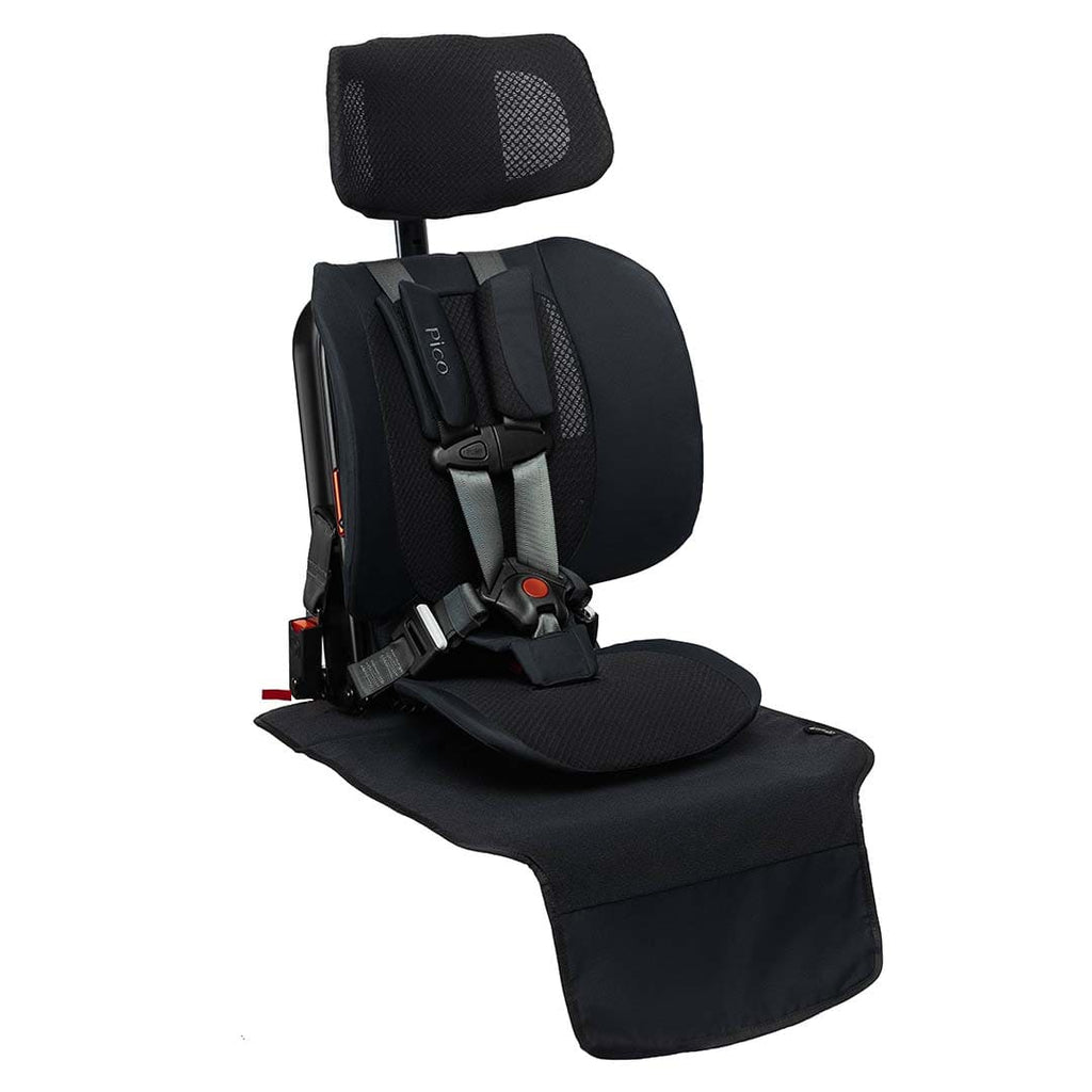 Black car seat with headrest and tray on a white background