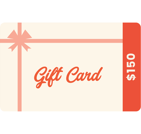 Gift card with a red ribbon and $150 value on a green background