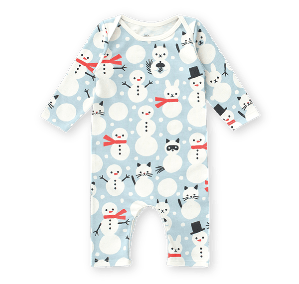 Baby onesie with snowman and cat pattern on a light blue background
