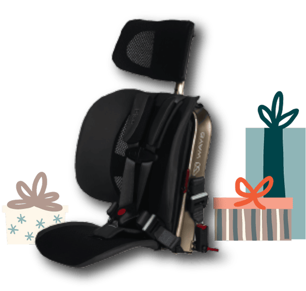 Black car seat with decorative gift boxes and a cactus on a transparent background