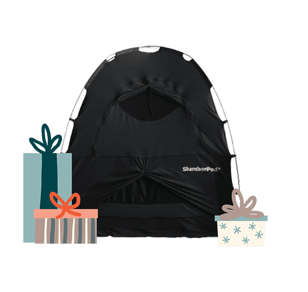 Black baby bouncer with 'SlumberPod' branding on a transparent background